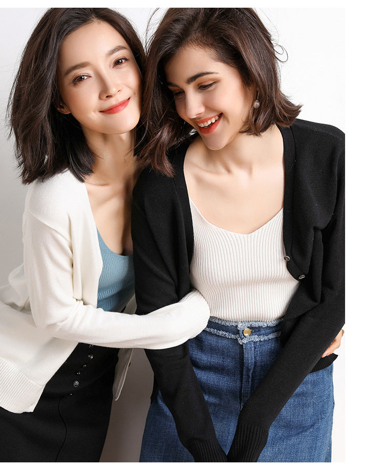2023 Spring and Autumn New Women's Korean Style Short Fashion Knitted Cardigan Sweater Women's Solid Color Easiest for Match Temperament Jacket