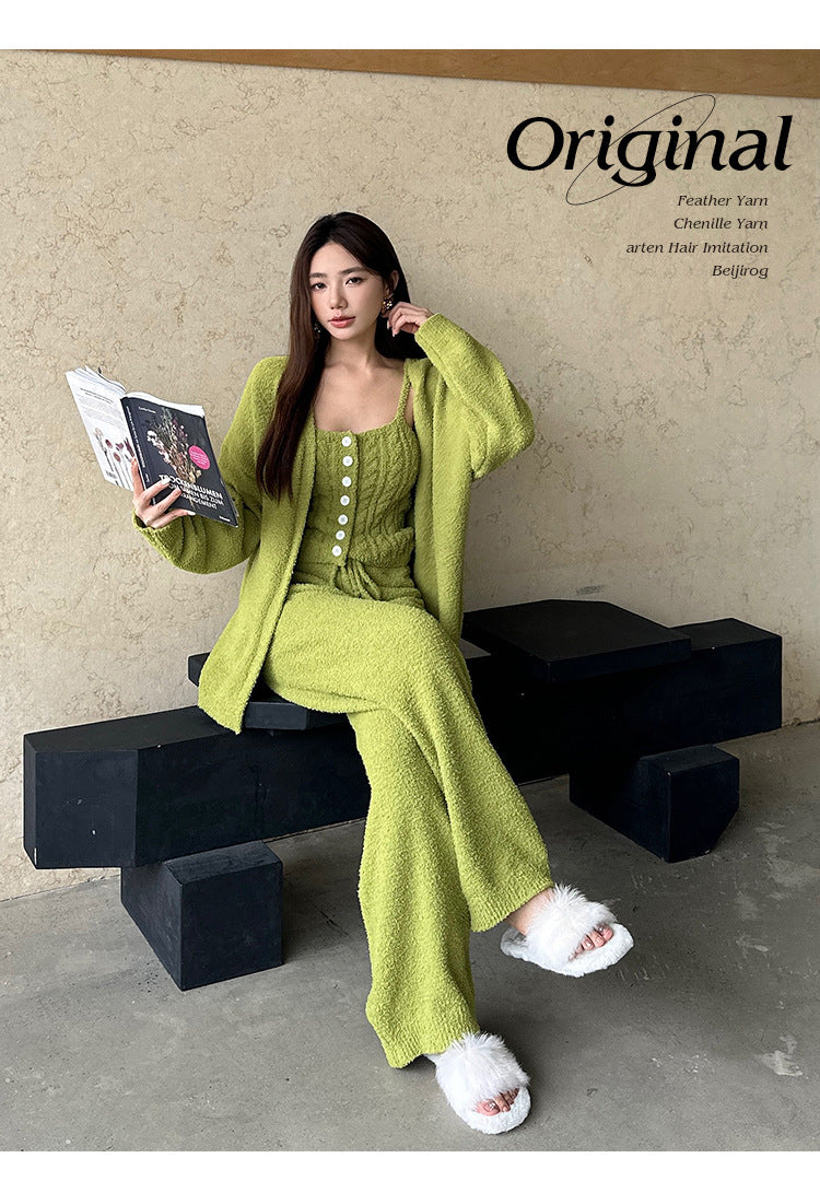 Three-Piece Set of Soft Pajamas for Women in Autumn and Winter, Twisted Rope Vest, Cardigan, Knitted, Can Be Worn Outside, Elegant Lady's Home Clothes