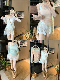 Light Green Off-Shoulder Long-Sleeved T-Shirt for Women Spring See-Through Thin Sun Protection Blouse Drawstring Slim Chic Versatile Top