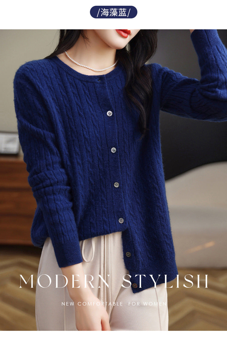 Retro Literary Elegant Slim Spring & Fall New Round Neck Knitted Cardigan Skin-friendly Soft Twist Sweater Jacket for Women