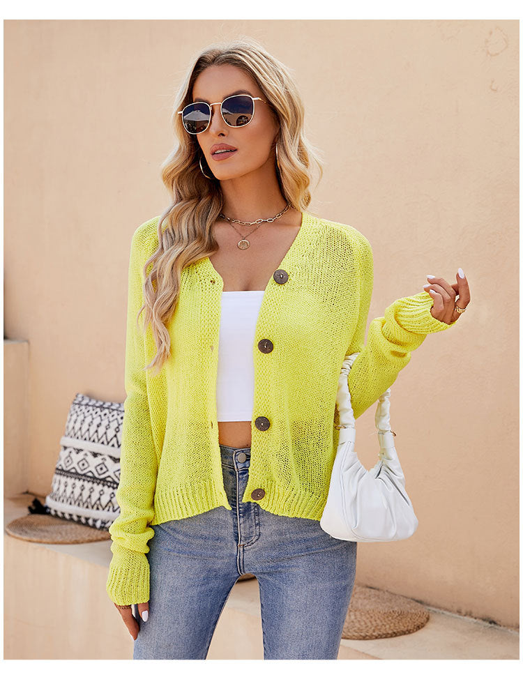 Foreign Trade 2024 Spring and Summer Women's Clothing European and American Casual Raglan Sleeve Knitted Thin Outwear Fluorescent Pink V Neck Knitted Cardigan