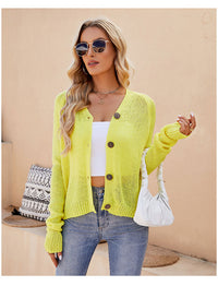 Foreign Trade 2024 Spring and Summer Women's Clothing European and American Casual Raglan Sleeve Knitted Thin Outwear Fluorescent Pink V Neck Knitted Cardigan