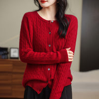 Retro Literary Elegant Slim Spring & Fall New Round Neck Knitted Cardigan Skin-friendly Soft Twist Sweater Jacket for Women