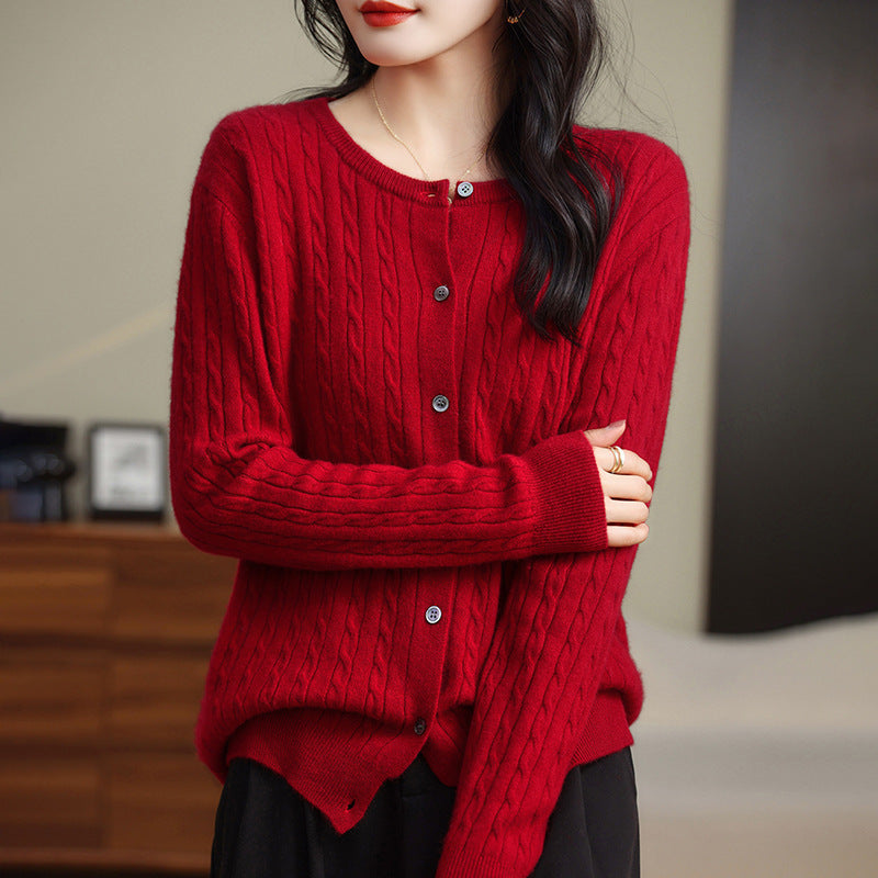 Retro Literary Elegant Slim Spring & Fall New Round Neck Knitted Cardigan Skin-friendly Soft Twist Sweater Jacket for Women
