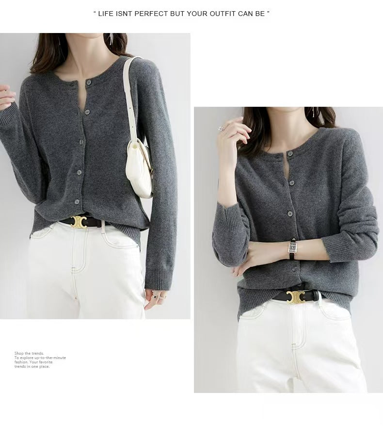 Autumn and Winter New Round Neck Knitted Cardigan Women's Loose Large Size Sweater Versatile Jacket Pure Color Bottoming Wool Jacket