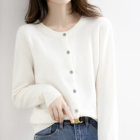 Autumn and Winter New Round Neck Knitted Cardigan Women's Loose Large Size Sweater Versatile Jacket Pure Color Bottoming Wool Jacket