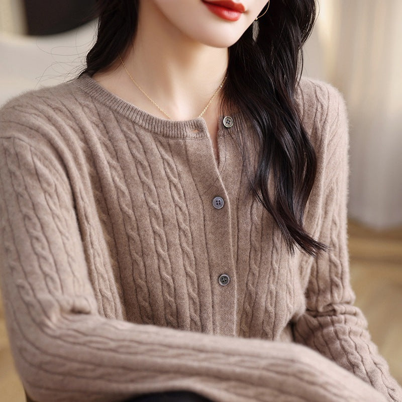 Retro Literary Elegant Slim Spring & Fall New Round Neck Knitted Cardigan Skin-friendly Soft Twist Sweater Jacket for Women