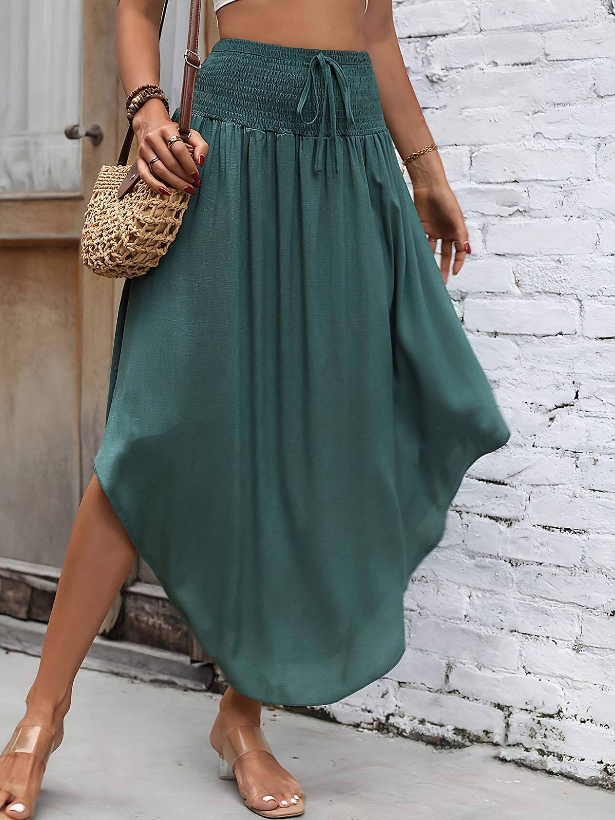 Women's Chic Beige Irregular Midi Skirt with Tie Waist
