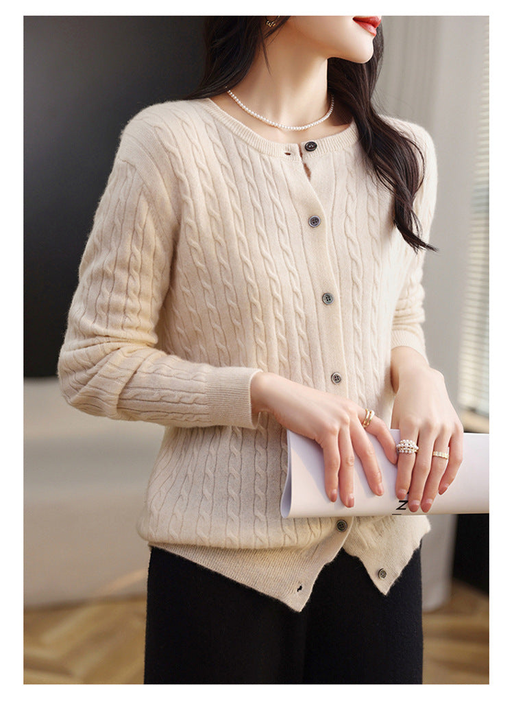 Retro Literary Elegant Slim Spring & Fall New Round Neck Knitted Cardigan Skin-friendly Soft Twist Sweater Jacket for Women