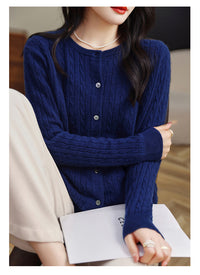 Retro Literary Elegant Slim Spring & Fall New Round Neck Knitted Cardigan Skin-friendly Soft Twist Sweater Jacket for Women