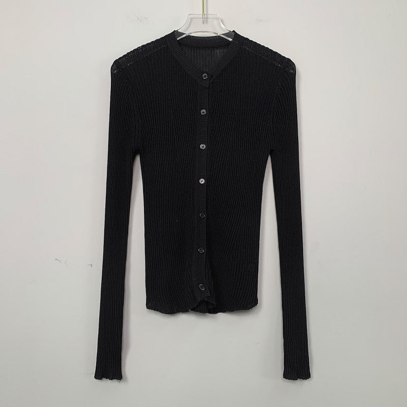 South Korea Dongdaemun fashionable all-match slim-fit sexy black micro-transparent sun protection long-sleeved knitted cardigan top for women