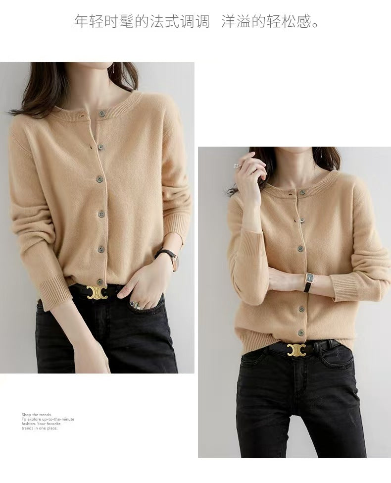 Autumn and Winter New Round Neck Knitted Cardigan Women's Loose Large Size Sweater Versatile Jacket Pure Color Bottoming Wool Jacket