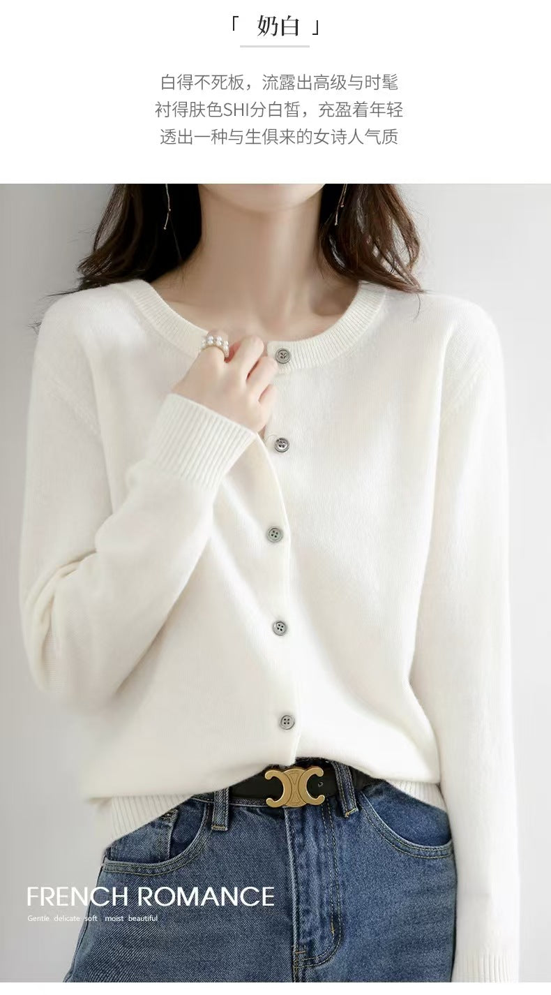 Autumn and Winter New Round Neck Knitted Cardigan Women's Loose Large Size Sweater Versatile Jacket Pure Color Bottoming Wool Jacket