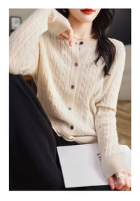 Retro Literary Elegant Slim Spring & Fall New Round Neck Knitted Cardigan Skin-friendly Soft Twist Sweater Jacket for Women
