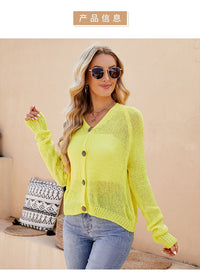 Foreign Trade 2024 Spring and Summer Women's Clothing European and American Casual Raglan Sleeve Knitted Thin Outwear Fluorescent Pink V Neck Knitted Cardigan