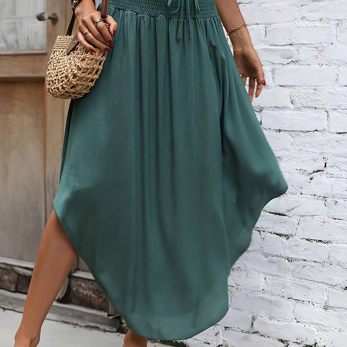 Women's Chic Beige Irregular Midi Skirt with Tie Waist