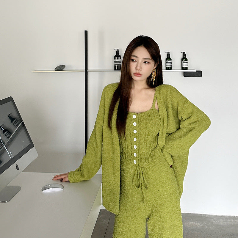 Three-Piece Set of Soft Pajamas for Women in Autumn and Winter, Twisted Rope Vest, Cardigan, Knitted, Can Be Worn Outside, Elegant Lady's Home Clothes