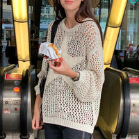 Lazy Style Star Loose Long-Sleeved Knitwear 2025 Women's Sexy Cut Out See-Through Pure Color Slimming Look Woolen Blouse
