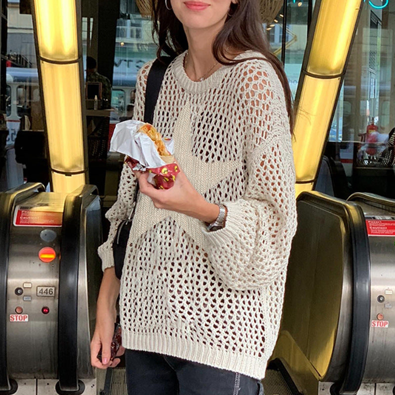Lazy Style Star Loose Long-Sleeved Knitwear 2025 Women's Sexy Cut Out See-Through Pure Color Slimming Look Woolen Blouse