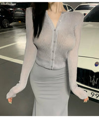 South Korea Dongdaemun fashionable all-match slim-fit sexy black micro-transparent sun protection long-sleeved knitted cardigan top for women