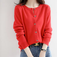 Autumn and Winter New Round Neck Knitted Cardigan Women's Loose Large Size Sweater Versatile Jacket Pure Color Bottoming Wool Jacket