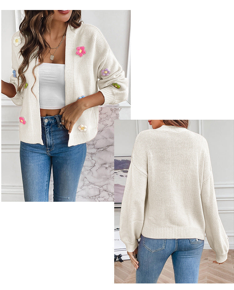Foreign trade cross-border new hand hook flower sweet knitted cardigan sweater coat women's lazy casual loose sweater
