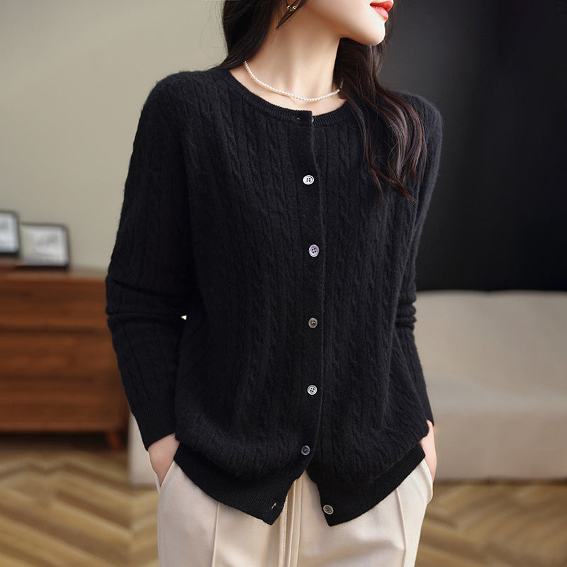 Retro Literary Elegant Slim Spring & Fall New Round Neck Knitted Cardigan Skin-friendly Soft Twist Sweater Jacket for Women