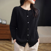 Retro Literary Elegant Slim Spring & Fall New Round Neck Knitted Cardigan Skin-friendly Soft Twist Sweater Jacket for Women