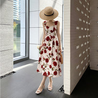 Summer New French Style Seaside Vacation Romantic Rose dress Thin Sleeveless Shoulder Hanging Floral Vest Long Dress for Women