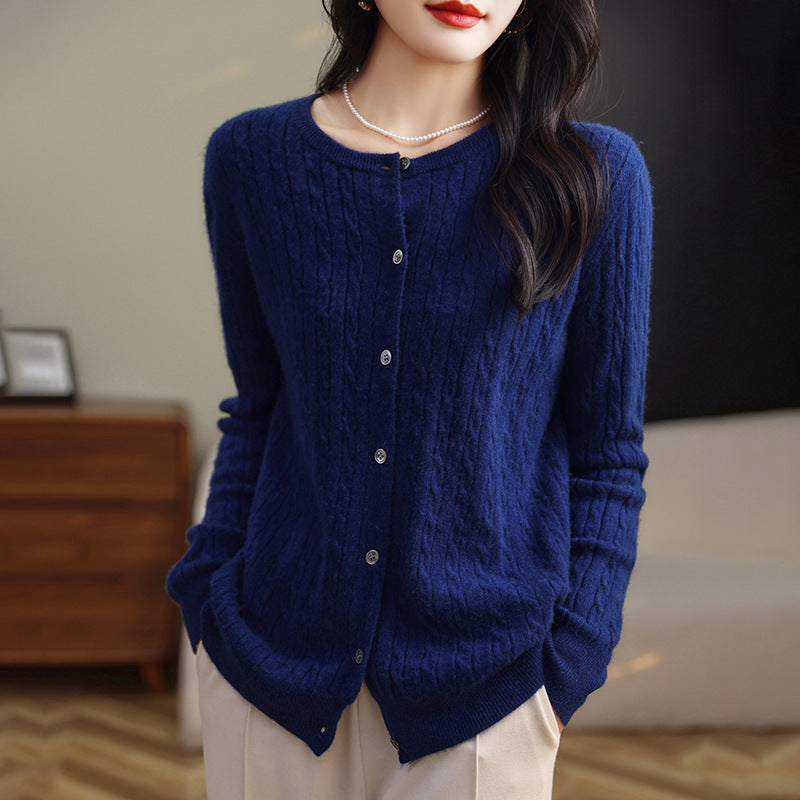 Retro Literary Elegant Slim Spring & Fall New Round Neck Knitted Cardigan Skin-friendly Soft Twist Sweater Jacket for Women