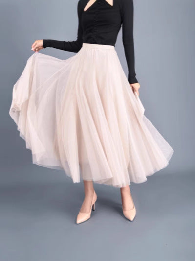 New Long Veil Skirt Oversized Puff Mesh Skirt Women's Spring and Summer High Waist Slim-Fit Pleated A- Line Fairy Skirt