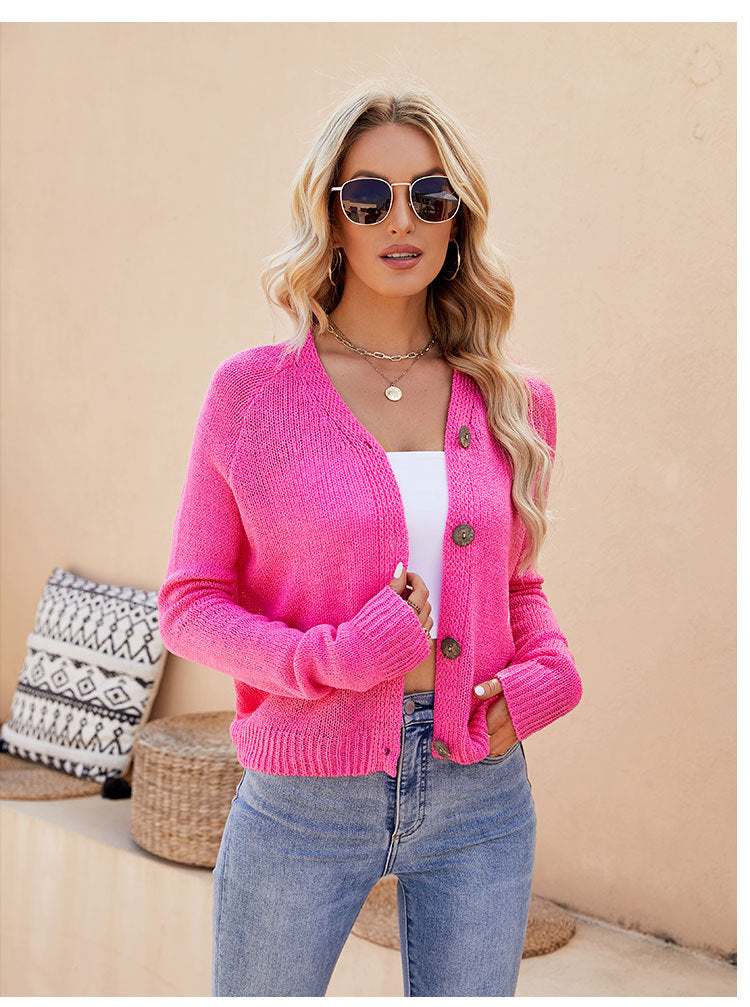 Foreign Trade 2024 Spring and Summer Women's Clothing European and American Casual Raglan Sleeve Knitted Thin Outwear Fluorescent Pink V Neck Knitted Cardigan