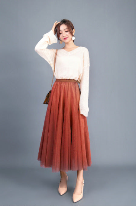 New Long Veil Skirt Oversized Puff Mesh Skirt Women's Spring and Summer High Waist Slim-Fit Pleated A- Line Fairy Skirt