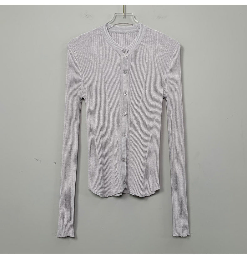 South Korea Dongdaemun fashionable all-match slim-fit sexy black micro-transparent sun protection long-sleeved knitted cardigan top for women