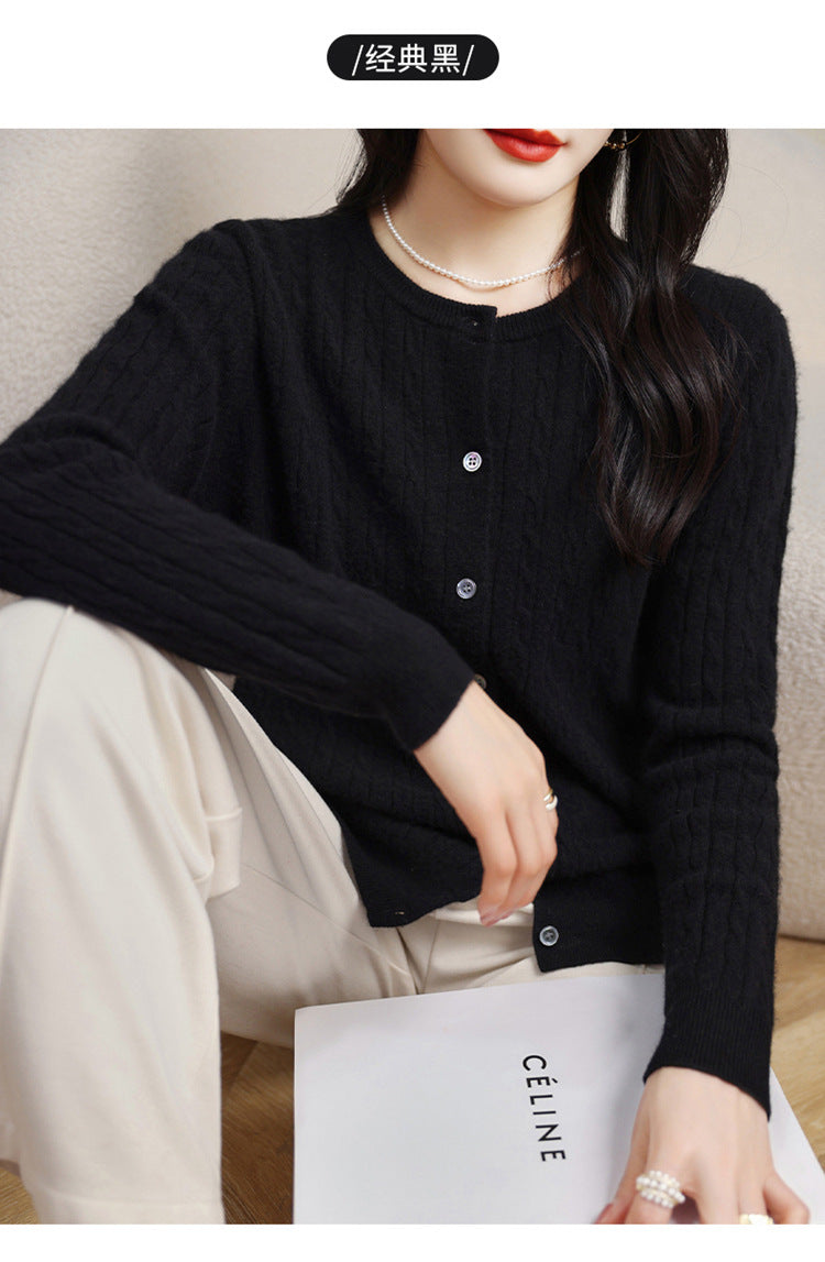 Retro Literary Elegant Slim Spring & Fall New Round Neck Knitted Cardigan Skin-friendly Soft Twist Sweater Jacket for Women