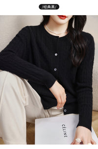 Retro Literary Elegant Slim Spring & Fall New Round Neck Knitted Cardigan Skin-friendly Soft Twist Sweater Jacket for Women
