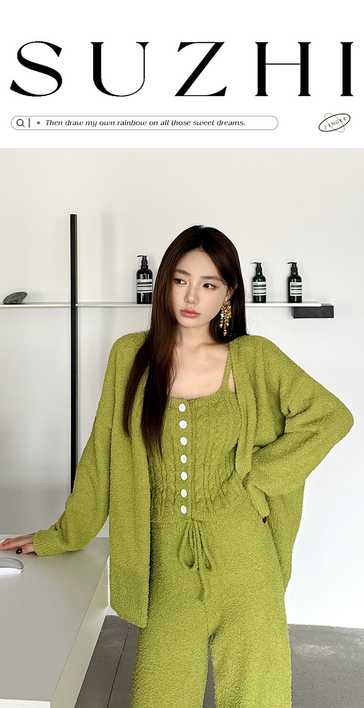 Three-Piece Set of Soft Pajamas for Women in Autumn and Winter, Twisted Rope Vest, Cardigan, Knitted, Can Be Worn Outside, Elegant Lady's Home Clothes