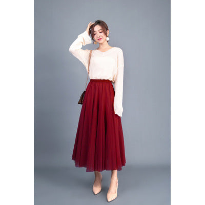 New Long Veil Skirt Oversized Puff Mesh Skirt Women's Spring and Summer High Waist Slim-Fit Pleated A- Line Fairy Skirt
