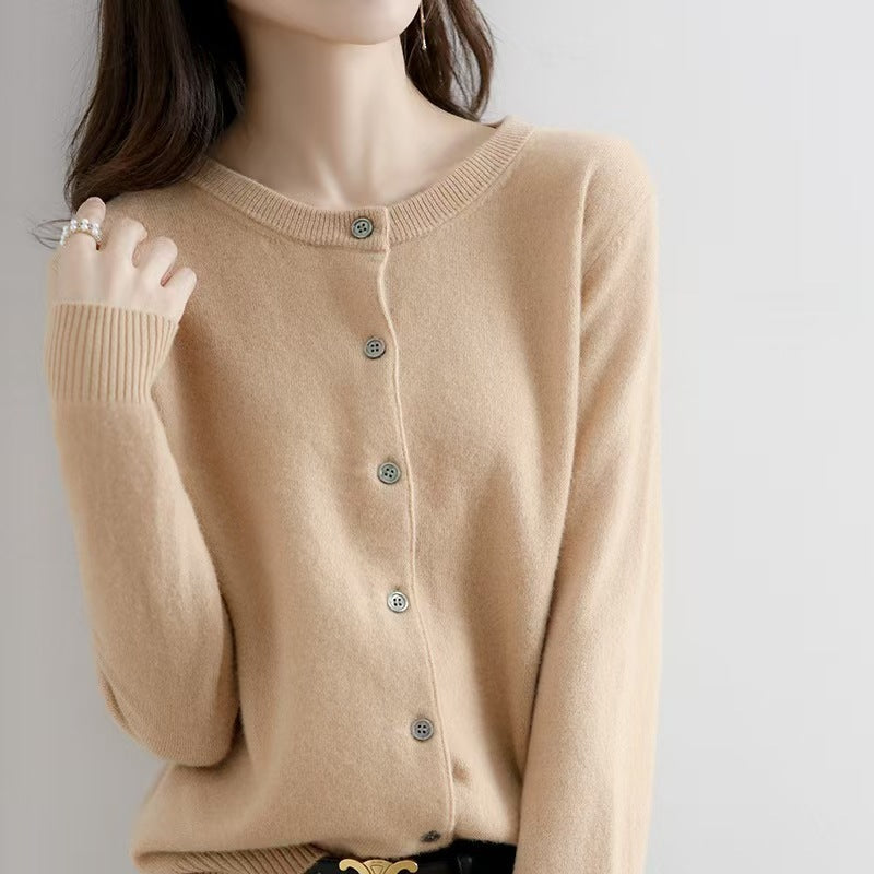 Autumn and Winter New Round Neck Knitted Cardigan Women's Loose Large Size Sweater Versatile Jacket Pure Color Bottoming Wool Jacket
