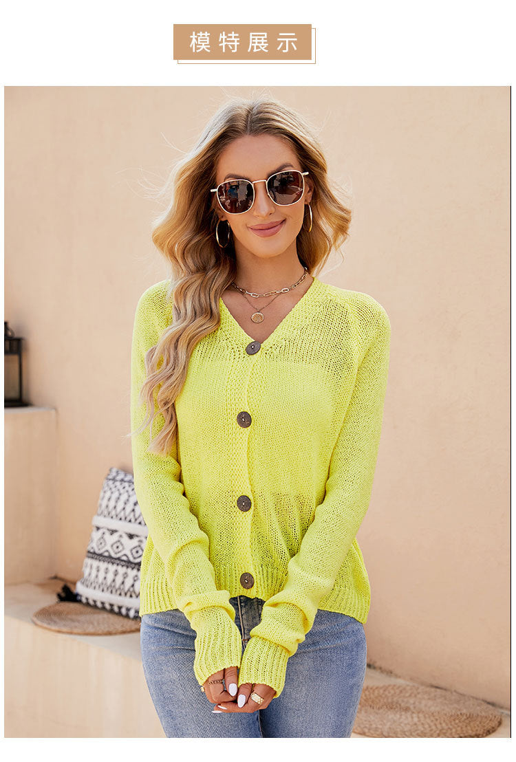 Foreign Trade 2024 Spring and Summer Women's Clothing European and American Casual Raglan Sleeve Knitted Thin Outwear Fluorescent Pink V Neck Knitted Cardigan