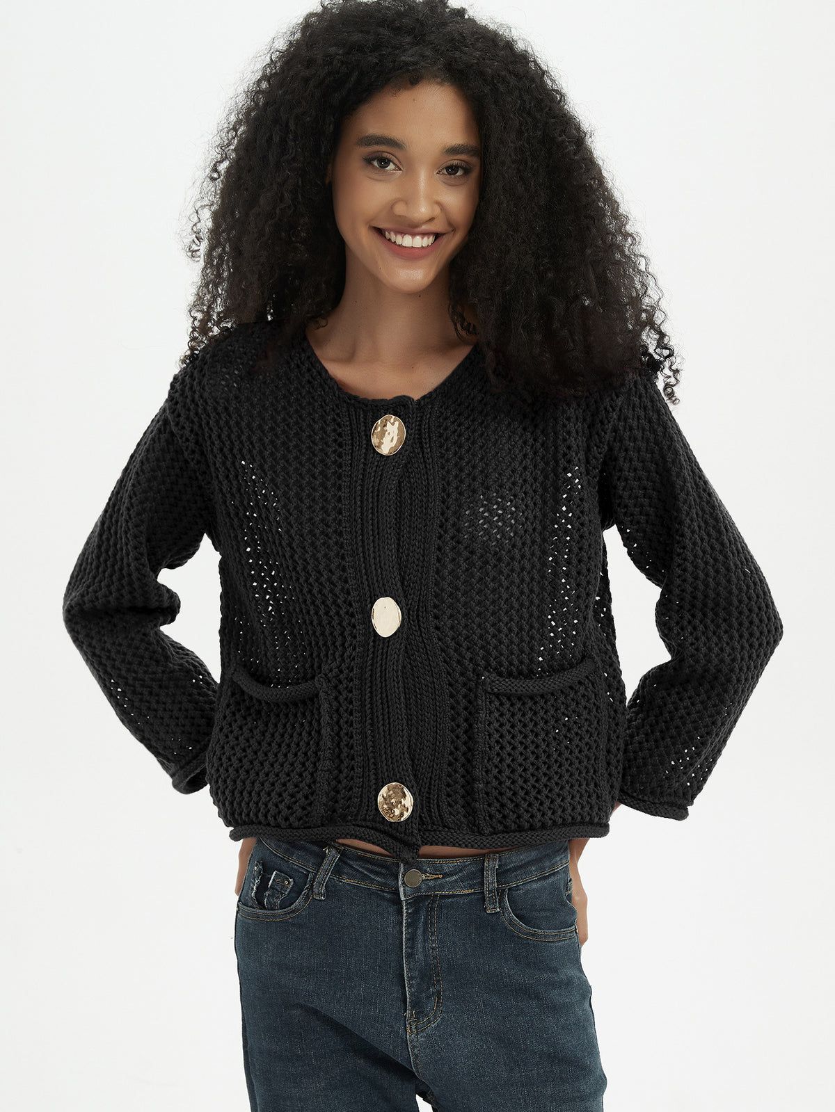 Amazon Cross-border Women's Casual All-match Thick Needle Knitted Cardigan Autumn Loose Hollow Solid Color Sweater Jacket