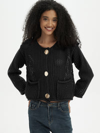 Amazon Cross-border Women's Casual All-match Thick Needle Knitted Cardigan Autumn Loose Hollow Solid Color Sweater Jacket