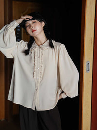 Apricot Ruffled Doll Collar Blouse for Women 2024 Spring and Autumn Loose Lantern Sleeve Unique Top with an Artistic Style