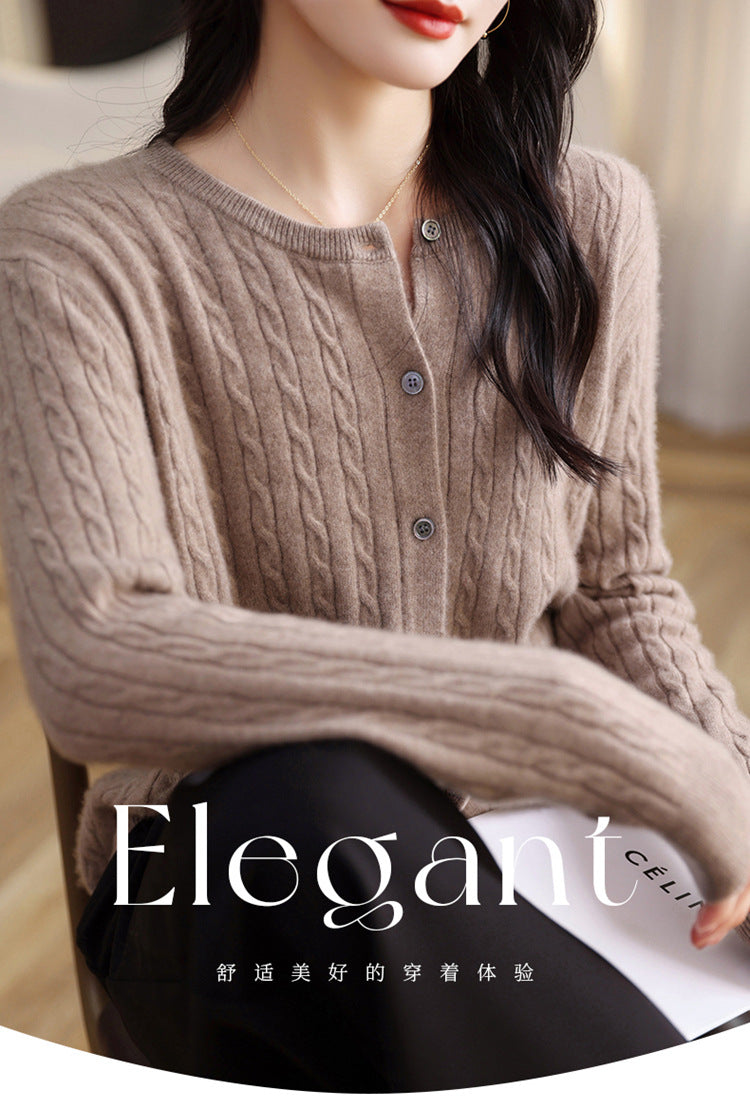 Retro Literary Elegant Slim Spring & Fall New Round Neck Knitted Cardigan Skin-friendly Soft Twist Sweater Jacket for Women