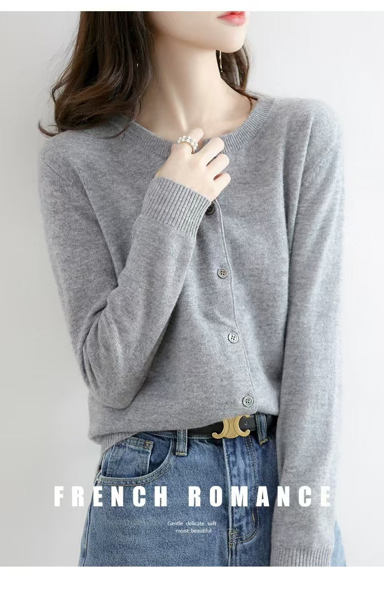 Autumn and Winter New Round Neck Knitted Cardigan Women's Loose Large Size Sweater Versatile Jacket Pure Color Bottoming Wool Jacket