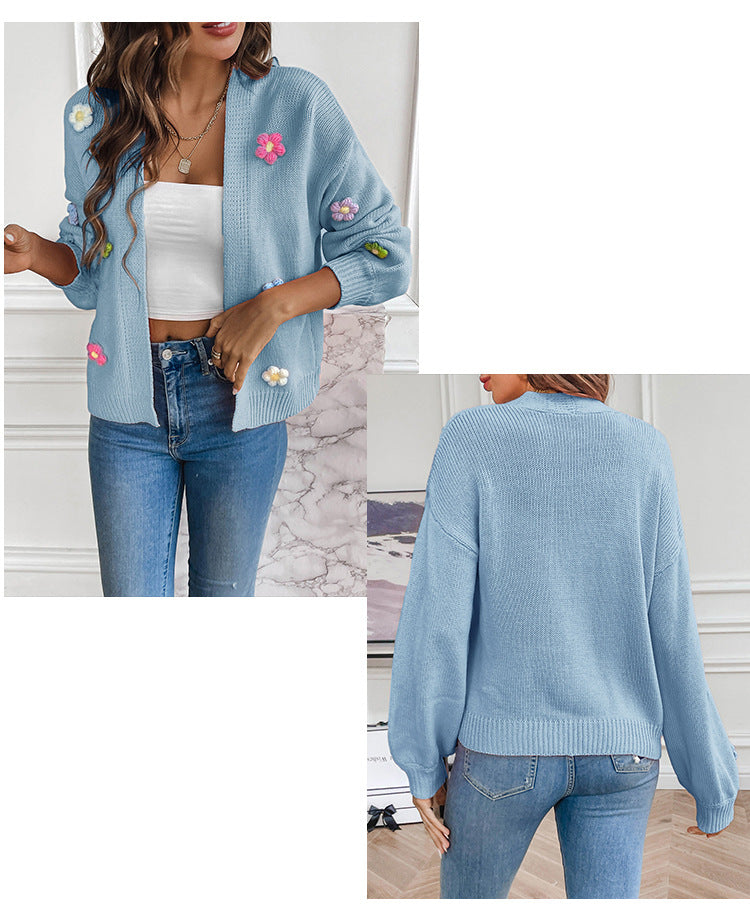 Foreign trade cross-border new hand hook flower sweet knitted cardigan sweater coat women's lazy casual loose sweater