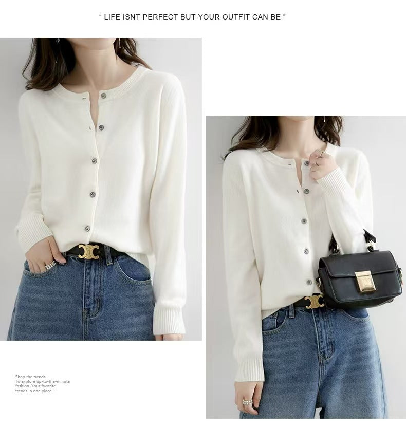 Autumn and Winter New Round Neck Knitted Cardigan Women's Loose Large Size Sweater Versatile Jacket Pure Color Bottoming Wool Jacket