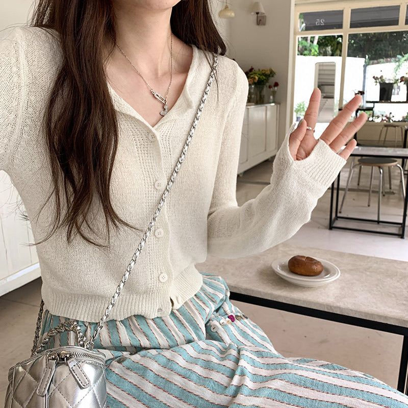 Dopamine Super Nice Long-Sleeved Knitted Cardigan for Women 2025 Summer New Style Petite Anti-Sun Blouse Slim Top