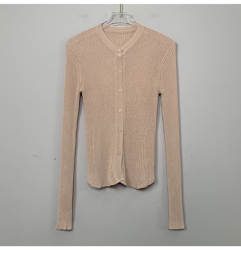 South Korea Dongdaemun fashionable all-match slim-fit sexy black micro-transparent sun protection long-sleeved knitted cardigan top for women
