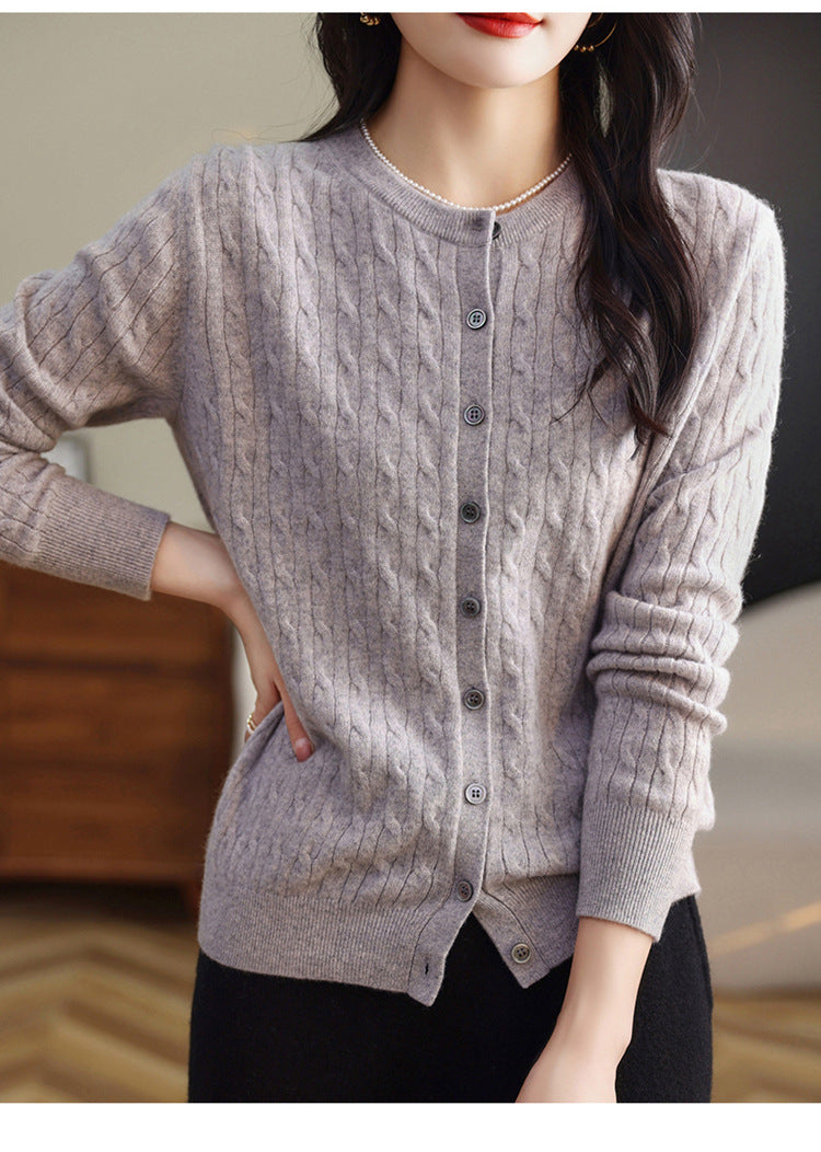 Retro Literary Elegant Slim Spring & Fall New Round Neck Knitted Cardigan Skin-friendly Soft Twist Sweater Jacket for Women